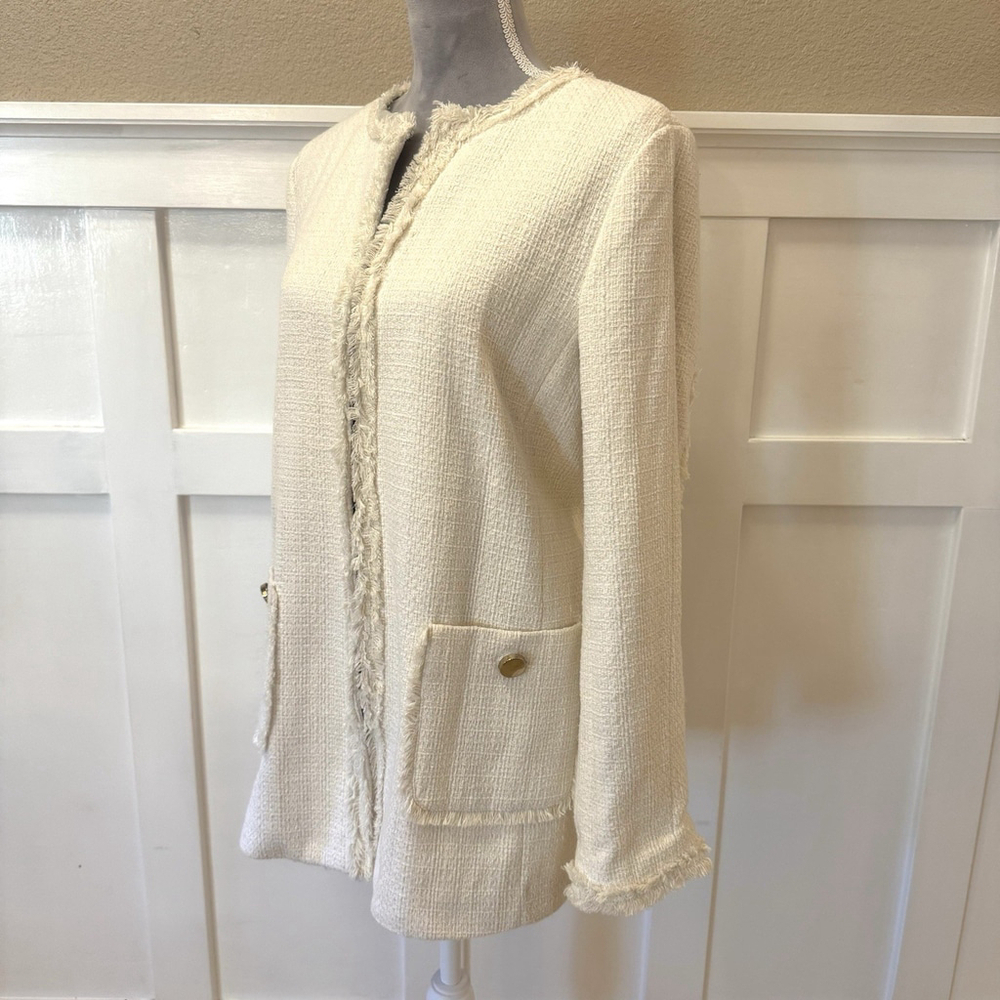 NWT Catherine Malandrino Tweed Fringe Long Buttoned Coat Size:12 Cream Ivory